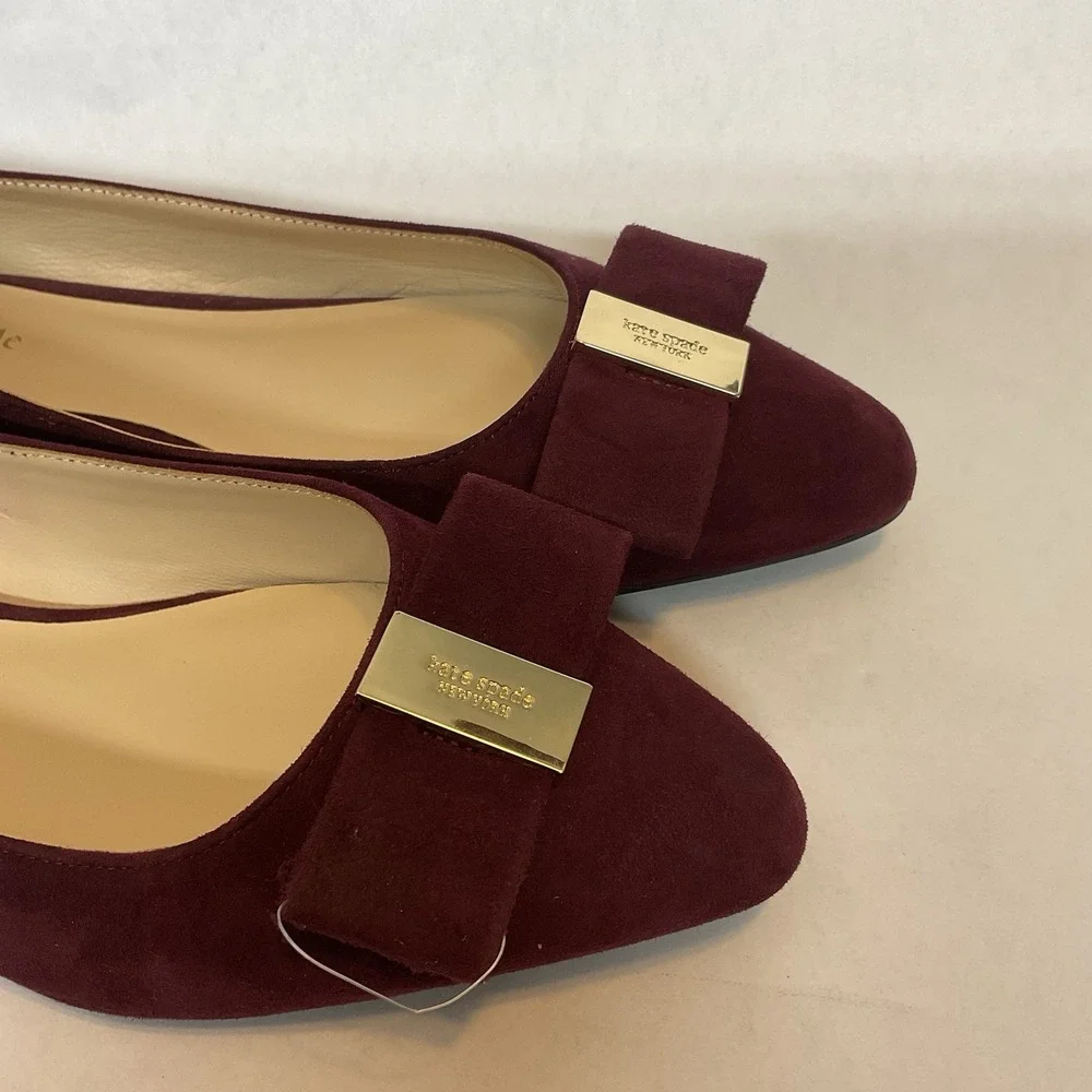 Kate Spade new york Burgundy Velvet Ballet Flats Size 10 Bow Logo Accent Women's